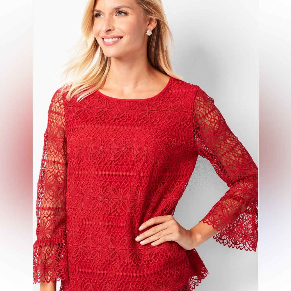 NWT Talbots 2XP petite red floral lace top bell sleeve blouse spring summer